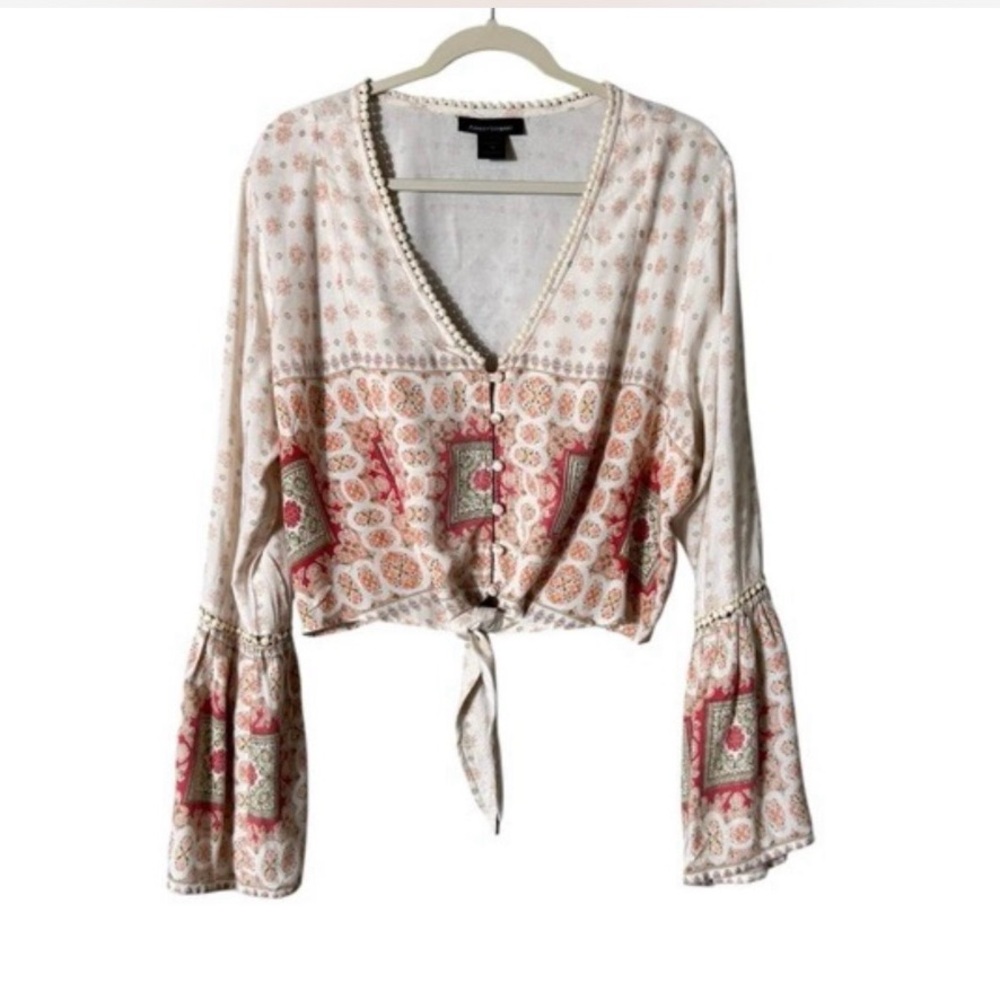 Ashley Stewart Cream and Pink Patterned Tie-Front Blouse